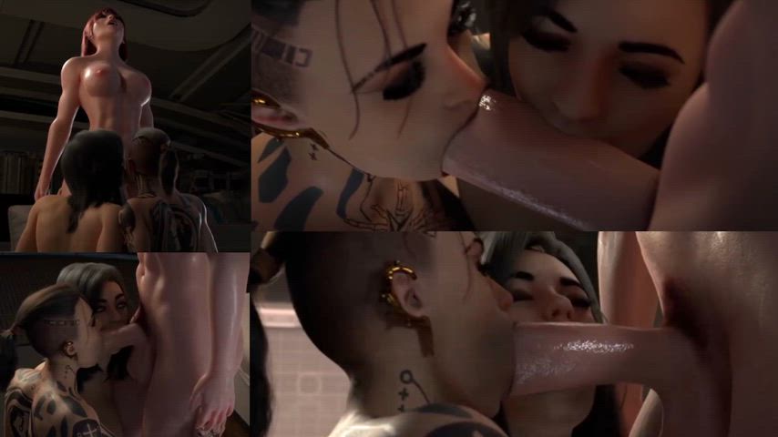 3d abs animation anime blowjob cock worship double blowjob futanari gif