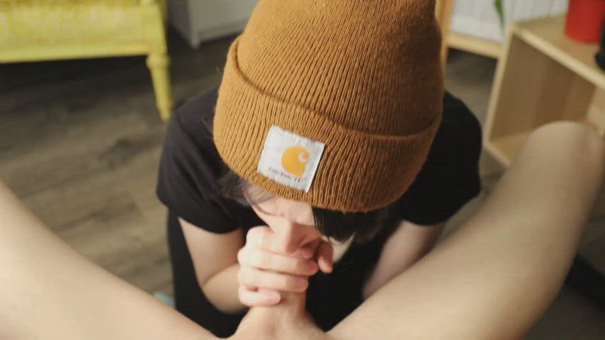 amateur blowjob clothed eye contact short hair gif
