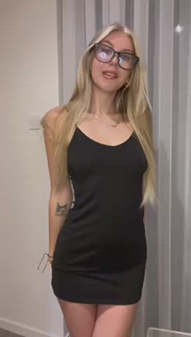 blonde flashing girlfriend glasses panties shaking strip teasing thong gif