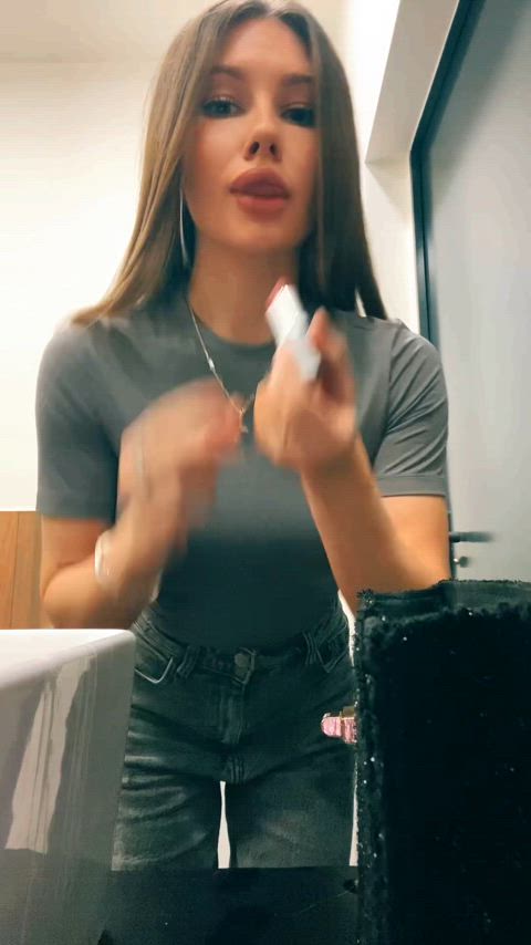 amateur babe bathroom fake boobs fake tits onlyfans petite public solo virgin gif