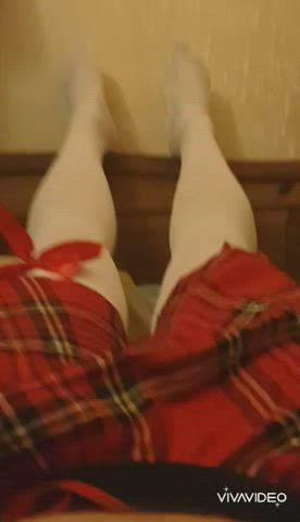 Playing with my uncut cock under my sissy skirt