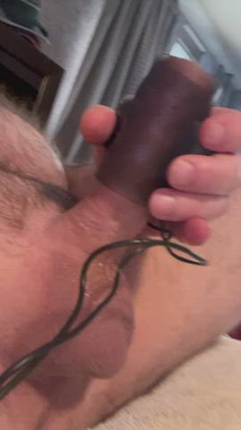 Stroking with Vibrating toy = BIG cumshot