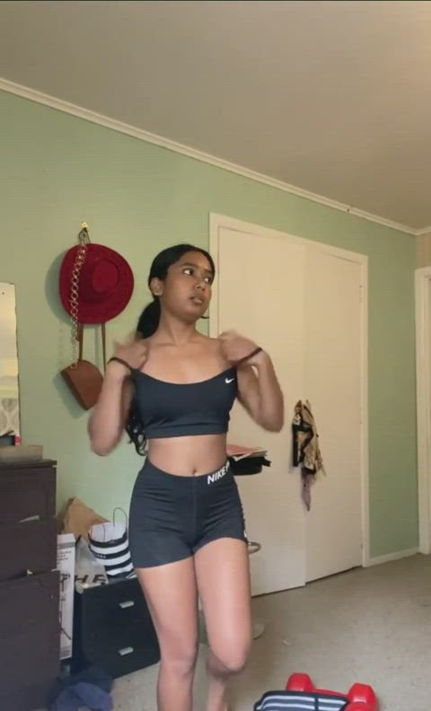 boobs gym indian pussy strip teasing undressing workout gif