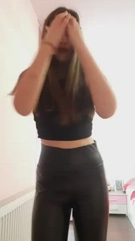 babe cum swallow dancing leather pants slave teasing teen tiktok gif