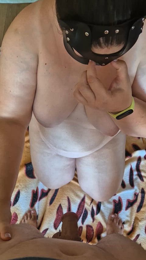 bbw blowjob couple hotwife milf mask real couple slave sucking wife blowjobs face-fucking