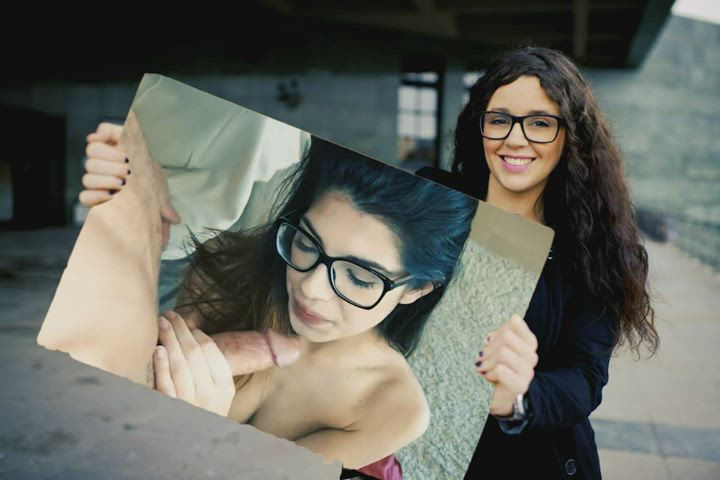 blowjob brunette cum in mouth cumshot facial glasses pussy smile split screen porn