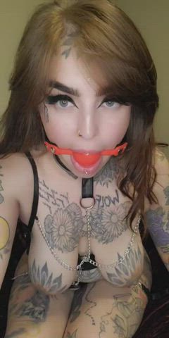 bdsm ball gagged leather lingerie milf tattoo teasing gif