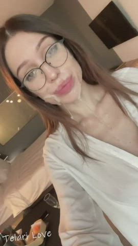 big tits cum in mouth cum on tits cumshot cute double cumshot facial glasses teen