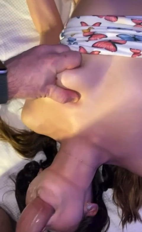 Petite teen shows us how wet her mouth can stay while getting pounded with cock