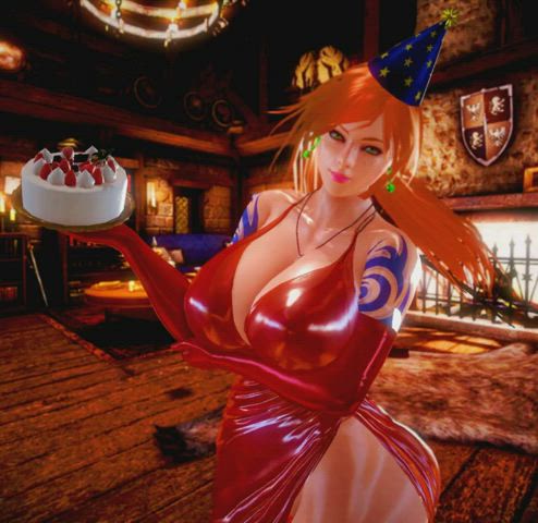3d animation big tits dress green eyes redhead thick gif