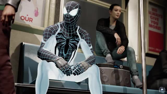 Spider-man listening to boom box on the subway