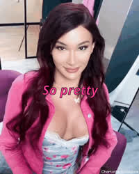 Brunette Caption Clothed Smile Trans gif