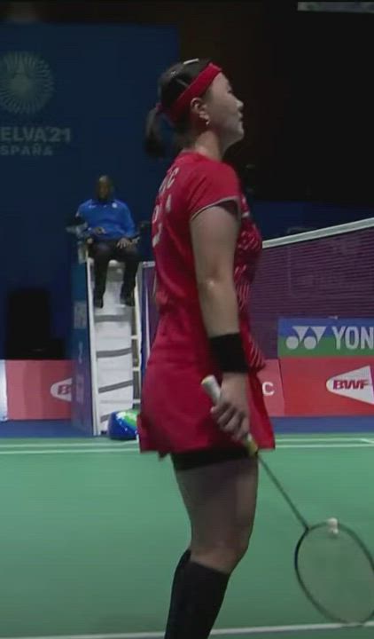 Shin Seung Chan, Korea, during a badminton match